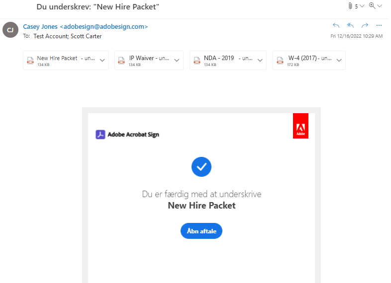 Et billede af den endelige mail med flere vedhæftede filer