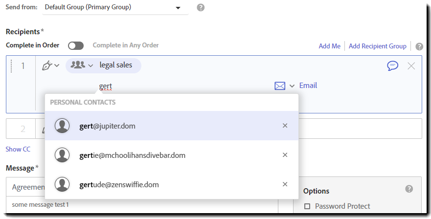 Send-siden, der viser en modtagergruppe med et delvist indtastet gruppenavn, og den leverede adressebog matcher.