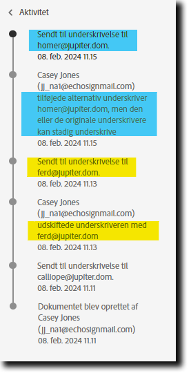 Aftalens aktivitetsliste fremhæver Erstat og Tilføj modtagerhændelser.