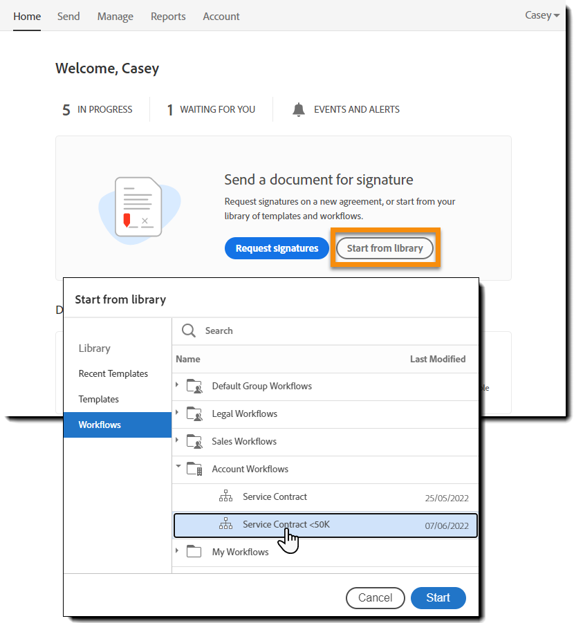 Send et workflow fra startsiden