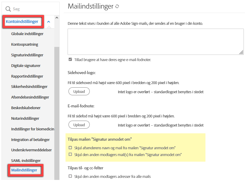 Naviger til indstillingerne &quot;Tilpas den signaturanmodede e-mail&quot;