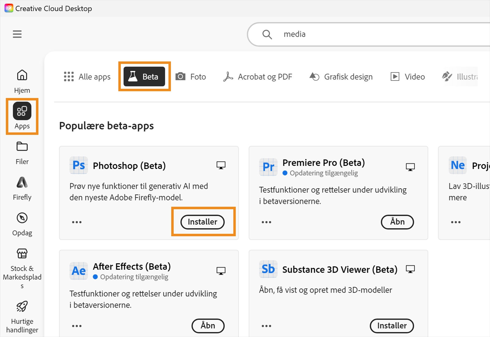 Creative Cloud-appen er åben, og indstillingerne Apps, Beta og Installer er markeret. Vælg Installer ud for Beta-versionen af den app, du vil installere. 