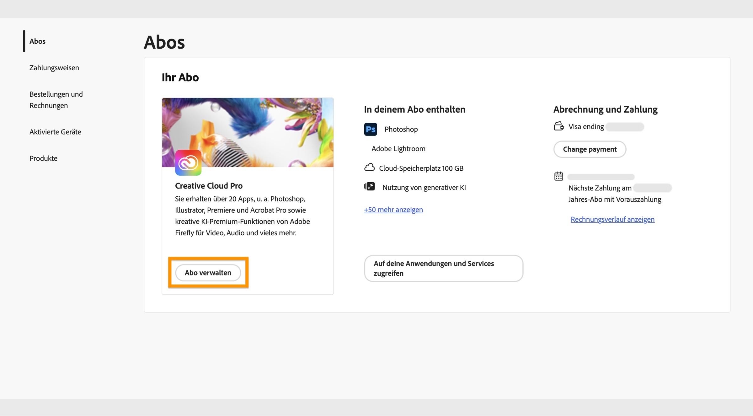 Das Fenster „Abos“, in dem unter dem momentan aktiven Abo die Schaltfläche „Abo verwalten“ hervorgehoben ist.