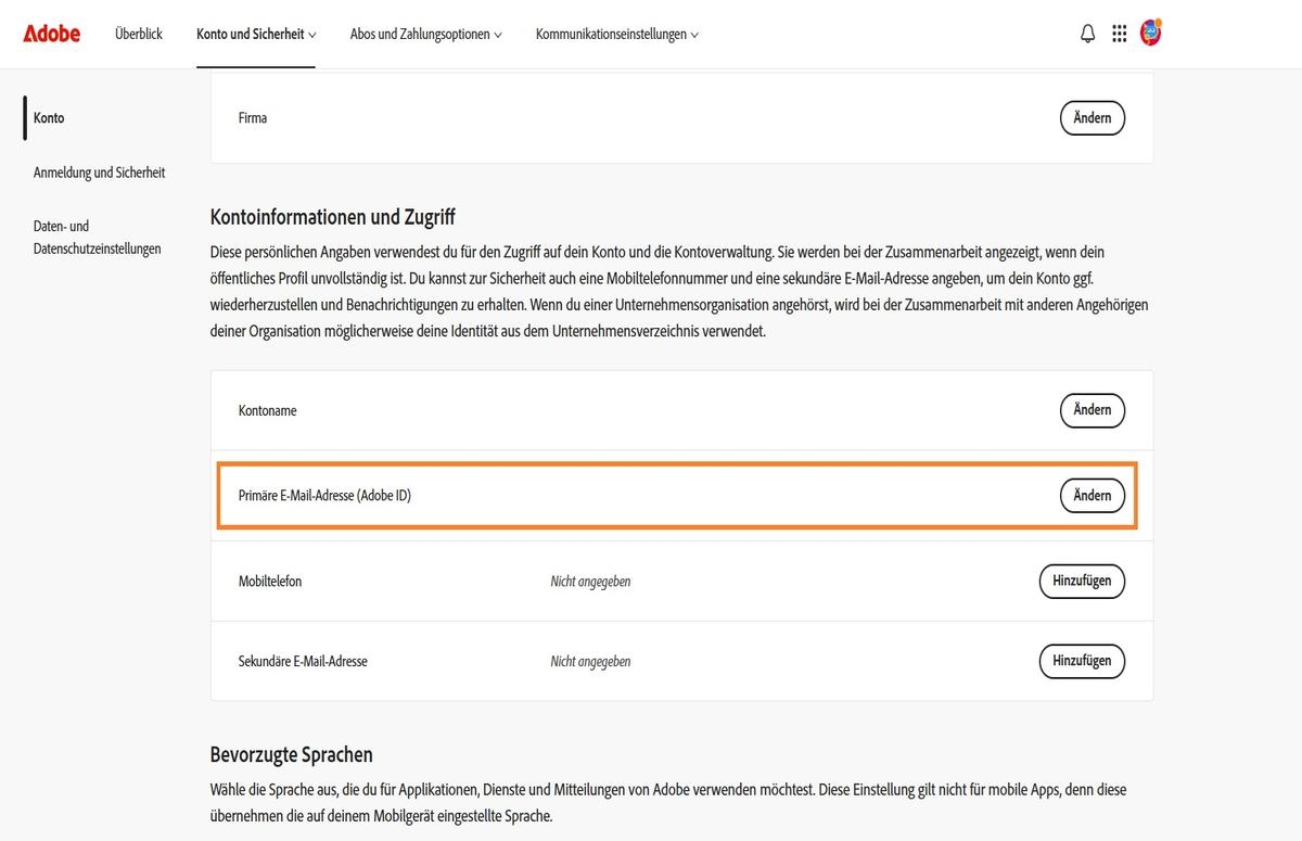 Der Bereich „Primäre E-Mail (Adobe ID)“ im Abschnitt „Kontoinformationen und Zugriff“ der Registerkarte „Konto“ zeigt die E-Mail-Adresse an, die mit deinem Adobe-Konto verknüpft ist.