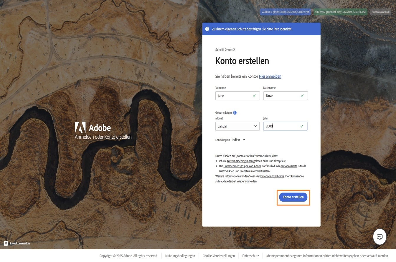 Die Adobe-Seite „Konto erstellen“ für die Anmeldung mit E-Mail-Adresse; der vollständige Name und das Geburtsdatum sind eingegeben und die Schaltfläche „Konto erstellen“ ist hervorgehoben.