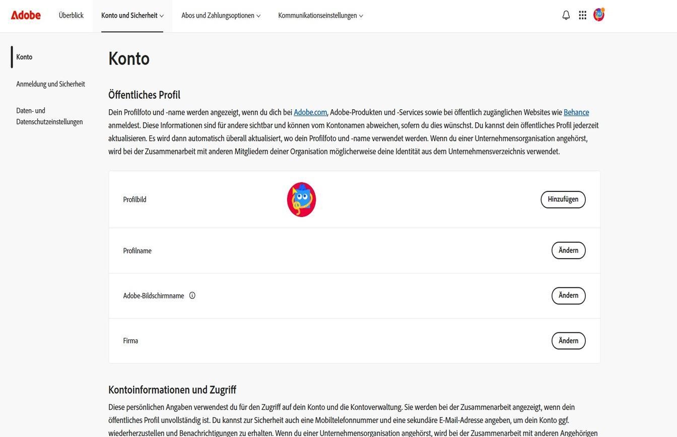 Über die Schaltflächen „Hinzufügen“ oder „Ändern“ rechts auf der Konto-Seite kannst du deine Kontoinformationen hinzufügen oder aktualisieren. 