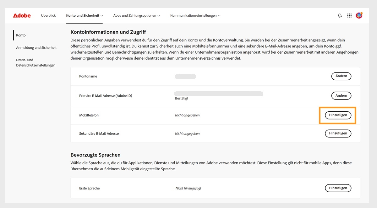 Die Schaltfläche „Hinzufügen“ befindet sich auf der rechten Seite des Bildschirms im Bereich „Mobiltelefon“ unter „Kontoinformationen und Zugriff“ und ermöglicht es dir, eine Telefonnummer hinzuzufügen. 