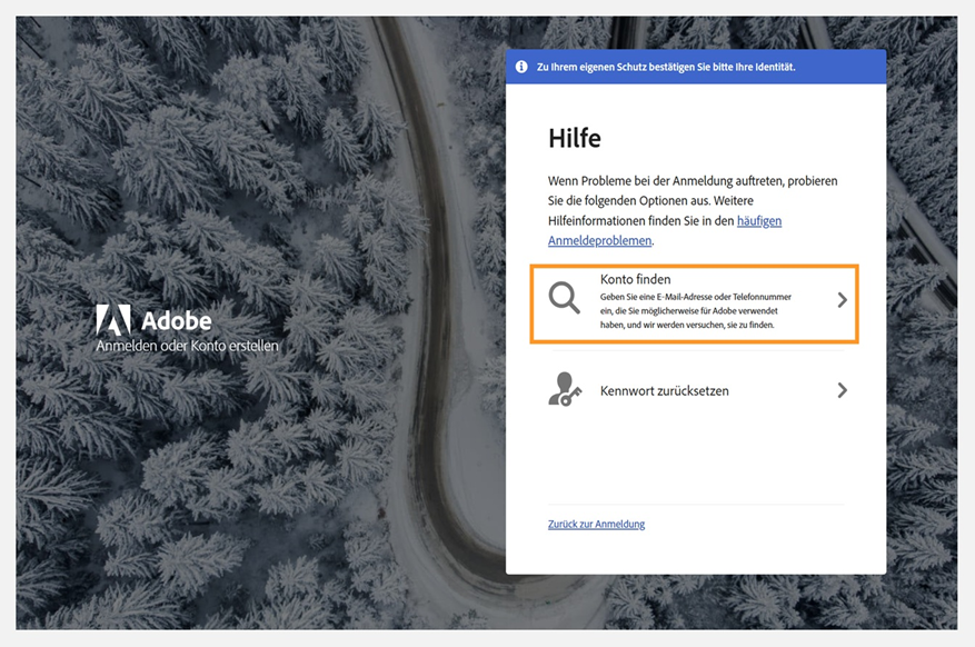 Bildschirm der Adobe Anmeldehilfe mit dem Bedienfeld „Hilfe“, bei dem die Option „Konto suchen“ hervorgehoben und „Kennwort zurücksetzen“ darunter aufgeführt ist.