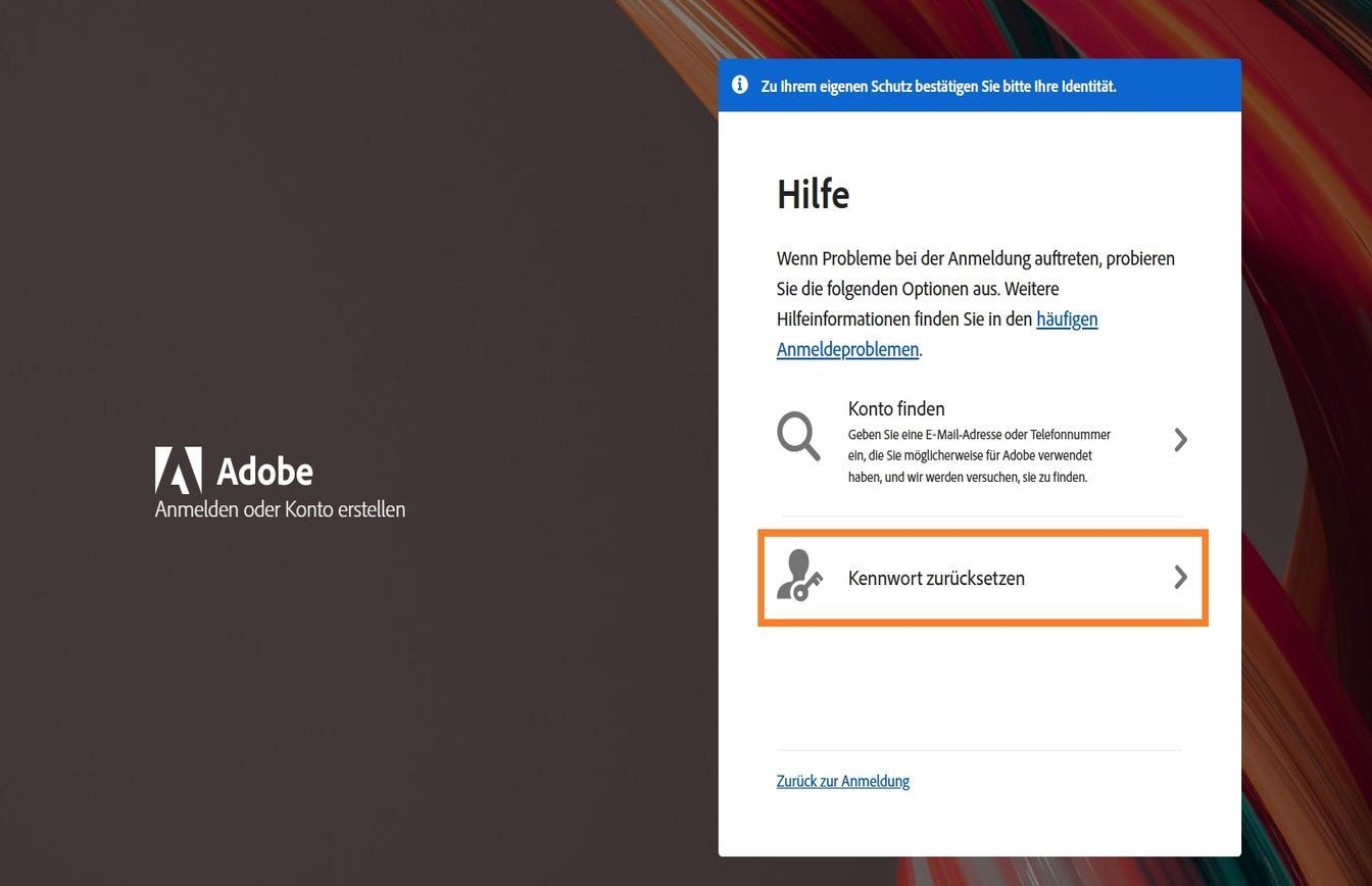 Mit der Schaltfläche „Kennwort zurücksetzen“ rechts im Hilfe-Fenster kannst du dein Account-Kennwort zurücksetzen.