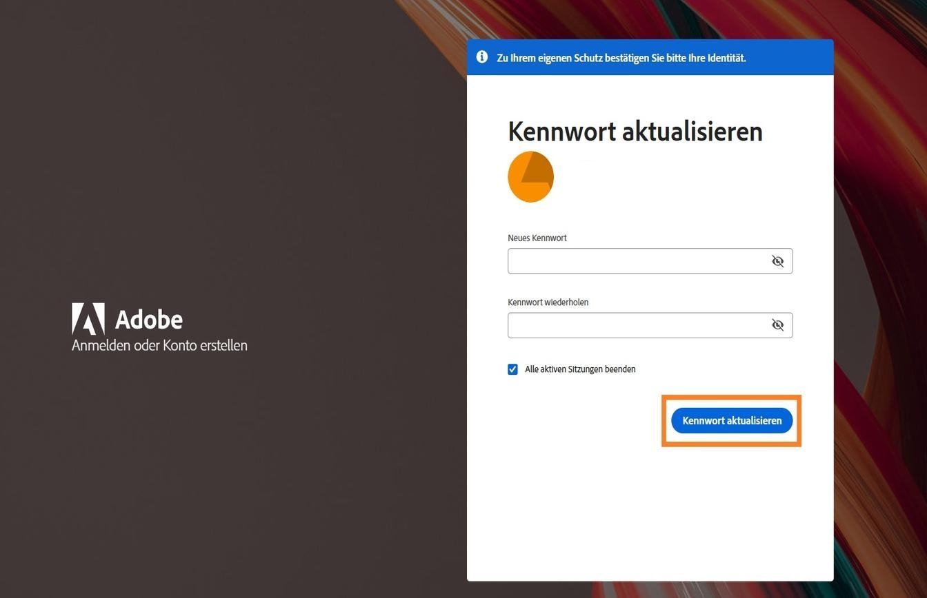 Mit der Schaltfläche „Kennwort aktualisieren“ rechts im Fenster „Kennwort aktualisieren“ kannst du ein neues Adobe-Kennwort festlegen. 