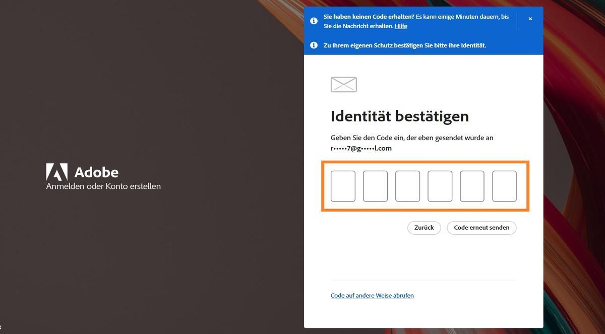 Das Feld zur Eingabe eines Bestätigungscodes, verfügbar im Fenster „Identität bestätigen" auf der Anmelden-Seite, ermöglicht es dir, deinen Code einzugeben und deine Identität zu bestätigen.
