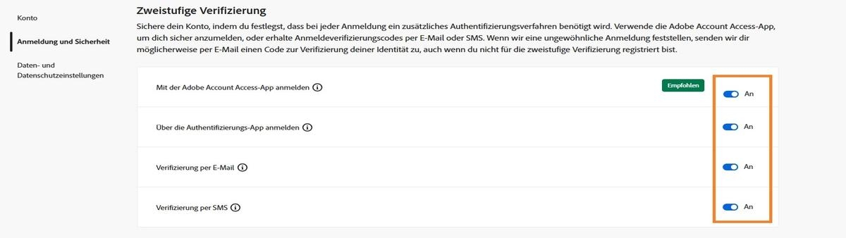 Die Umschaltflächen, die sich auf der oberen rechten Seite des Bildschirms unter „Zweistufige Verifizierung“ befinden, ermöglichen es dir, die erforderliche Verifizierungsmethode zu deaktivieren. 