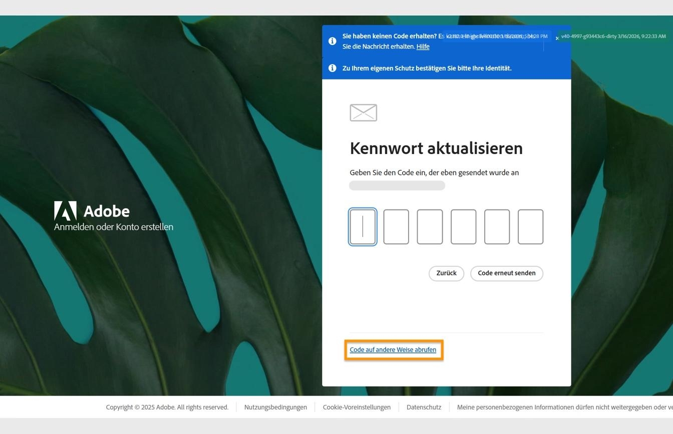 Auf der Adobe-Anmeldeseite wird das Dialogfeld „Kennwort aktualisieren“ angezeigt und die Schaltfläche „Code auf andere Weise abrufen“ ist hervorgehoben.