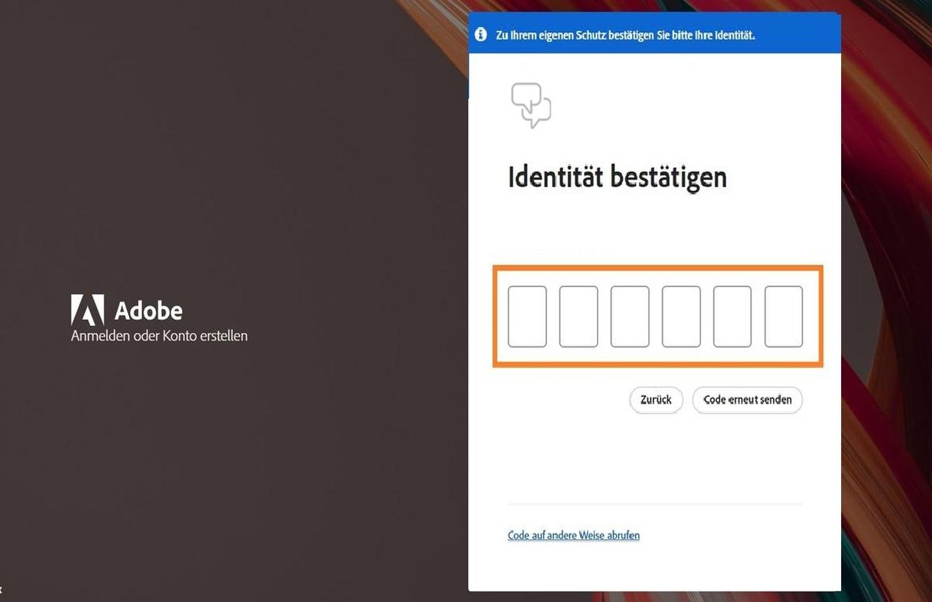 Das Fenster „Kennwort aktualisieren" auf der Anmelden-Seite mit einem hervorgehobenen Feld zur Eingabe deines Codes und zur Bestätigung deiner Identität.
