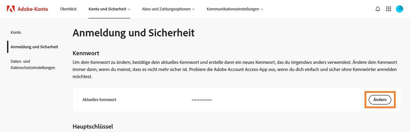 Die Schaltfläche „Ändern“ befindet sich auf der rechten Seite des Bildschirms im Bereich „Kennwort" und ermöglicht es dir, dein Adobe-Kennwort zu aktualisieren.