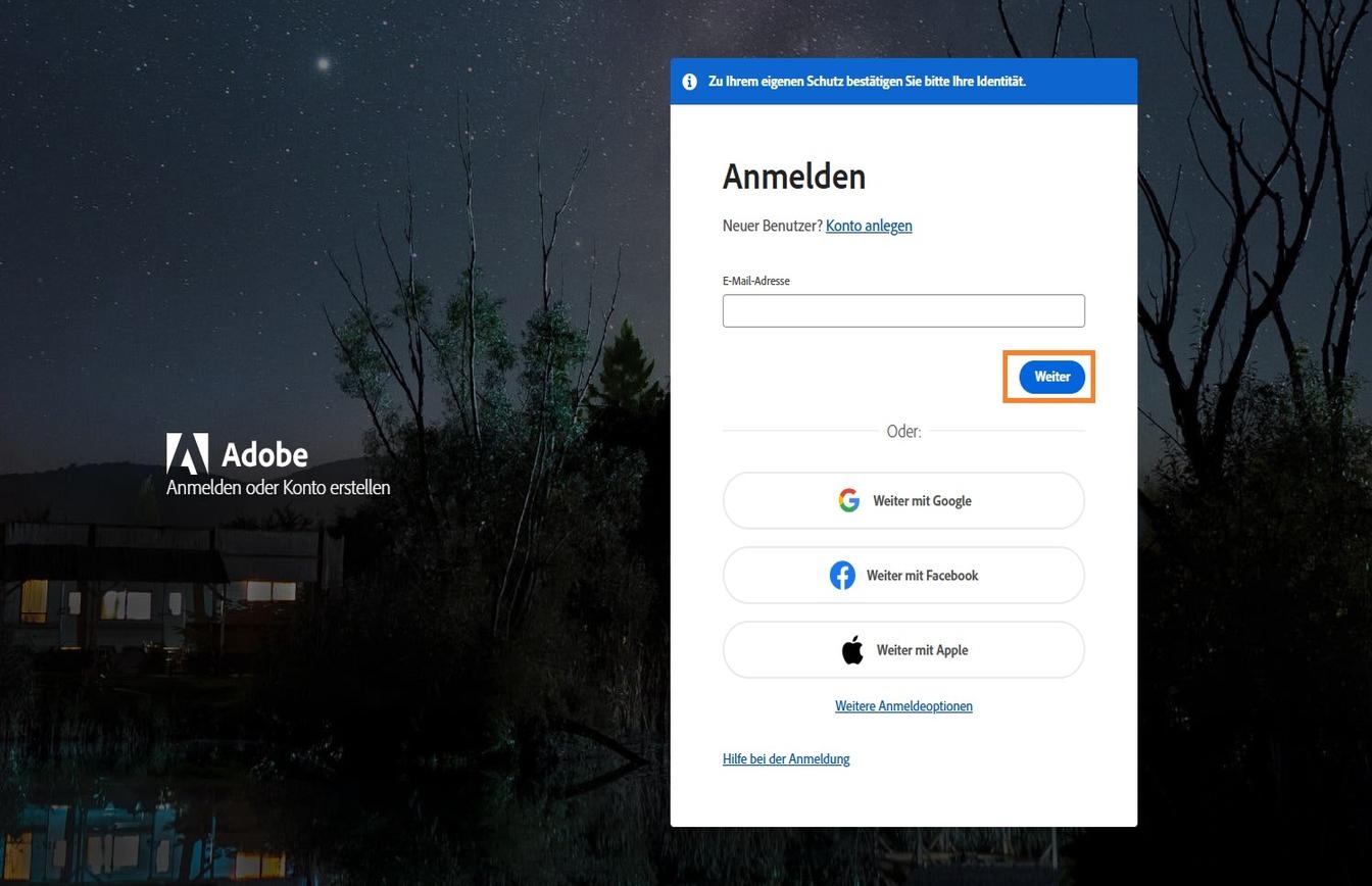 Das Feld zur Eingabe einer E-Mail-Adresse auf der rechten Seite der Anmelden-Seite ermöglicht es dir, deine E-Mail-Adresse einzugeben und dich bei deinem Konto anzumelden. 