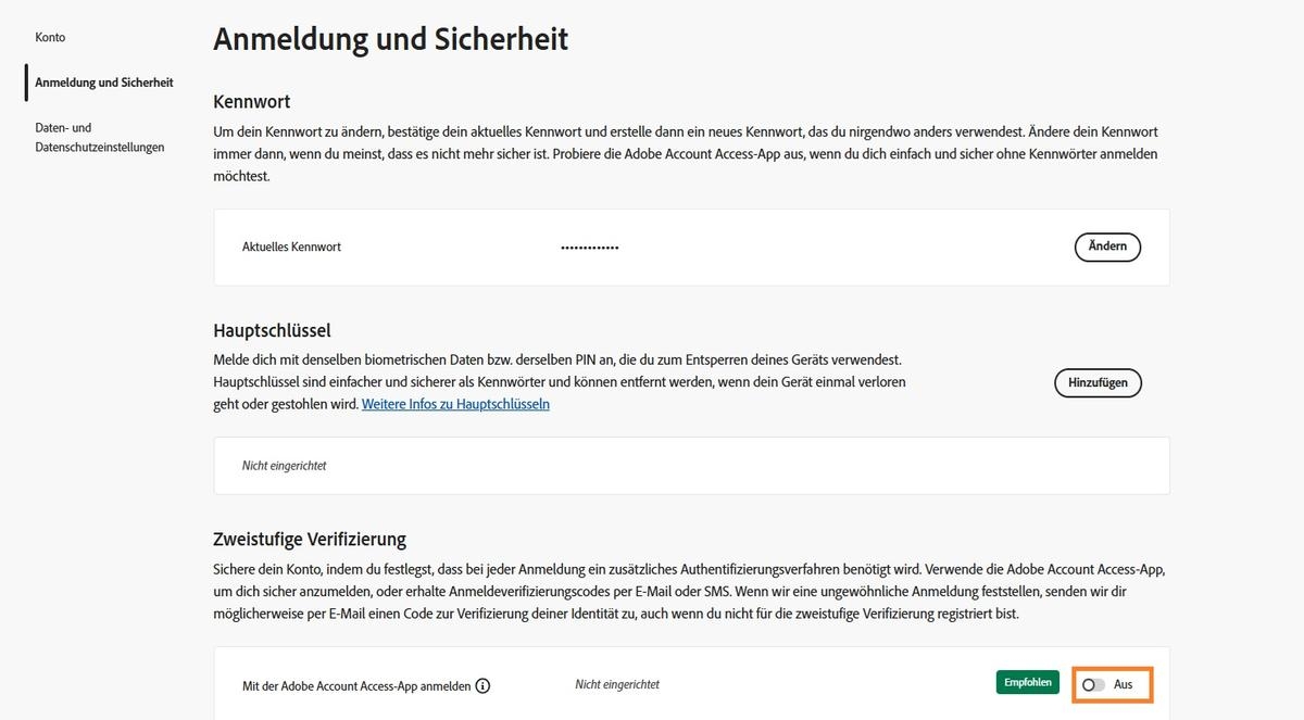 Mit dem Umschalter rechts neben der Option für die Adobe Account Access-App unter „Zweistufige Verifizierung“ kannst du die App für zukünftige Anmeldungen deaktivieren.