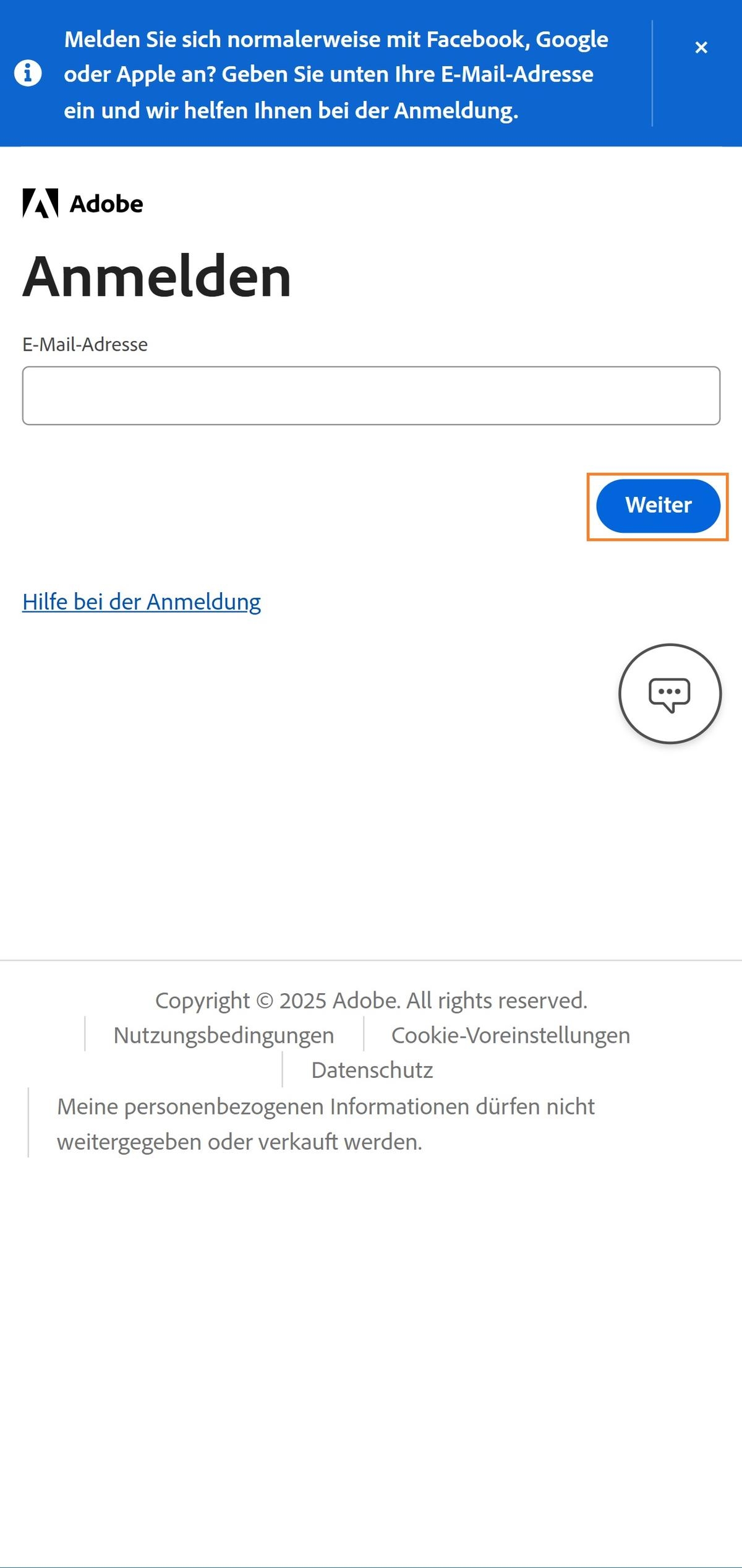 Über die Schaltfläche „Weiter“ auf der Anmeldeseite deines Telefons kannst du dich anzumelden, nachdem du deine E-Mail-Adresse eingegeben hast. 
