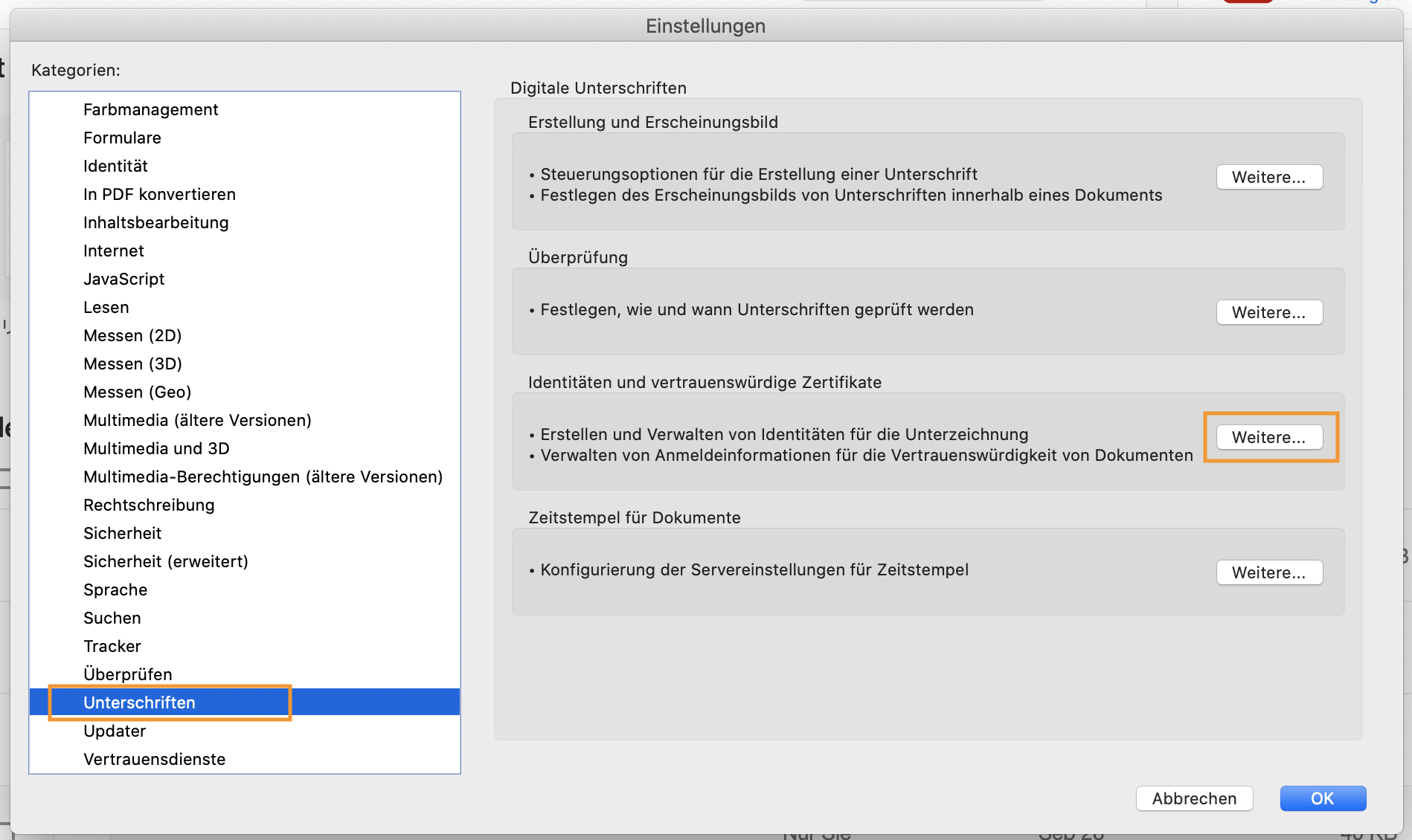 Klicken Sie im Abschnitt Speicherort von Identitäten & vertrauenswürdige Zertifikate auf Mehr