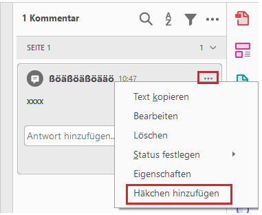 Häkchen hinzufügen