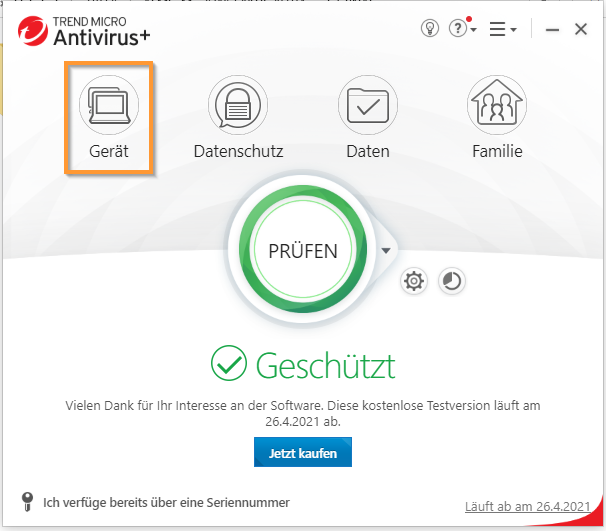 Klicken Sie im Hauptmenü auf Gerät