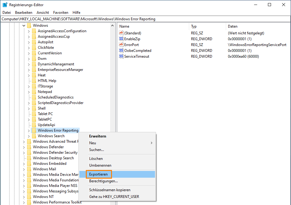 Backup des Registrierungsschlüssel Backup des Registrierungsschlüssel