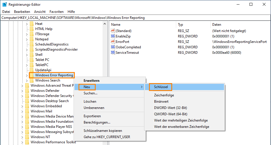 Erstellen Sie den LocalDumps-Registrierungsschlüssel Erstellen Sie den LocalDumps-Registrierungsschlüssel