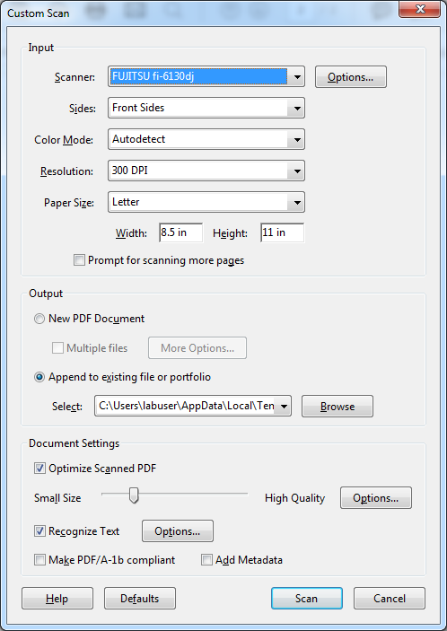 Dialogfeld „Benutzerdefinierter Scan“