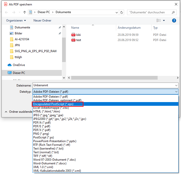 Speichern als Encapsulated PostScript-Datei