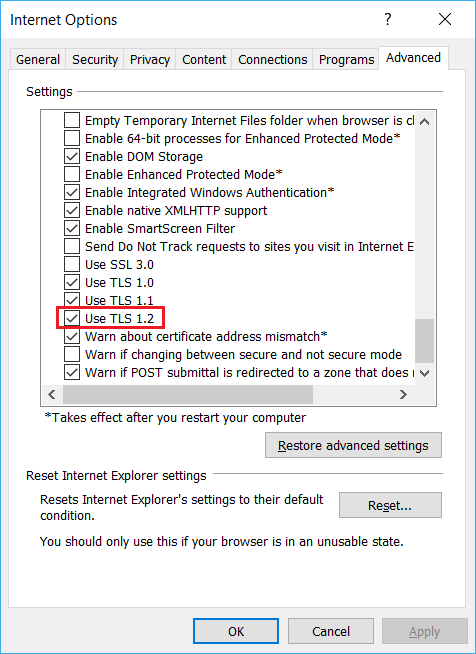 Verwenden Sie die TLS 1.2-Einstellung