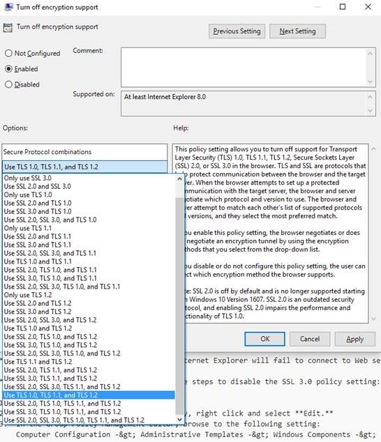 Wählen Sie eine Einstellung, die TLS 1.2 enthält