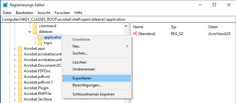 Klicke mit der rechten Maustaste auf „Applikation“ und wähle „Exportieren“ Klicke mit der rechten Maustaste auf „Applikation“ und wähle „Exportieren“