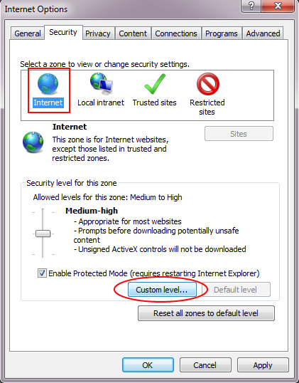 Wähle die Internetzone, dann „Stufe anpassen“, dann „Aktivieren“ für „Active Scripting“