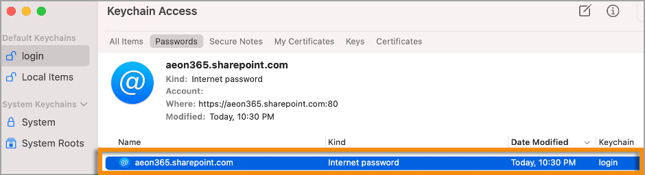 SharePoint-Website-Eintrag in der Schlüsselbundverwaltung unter macOS
