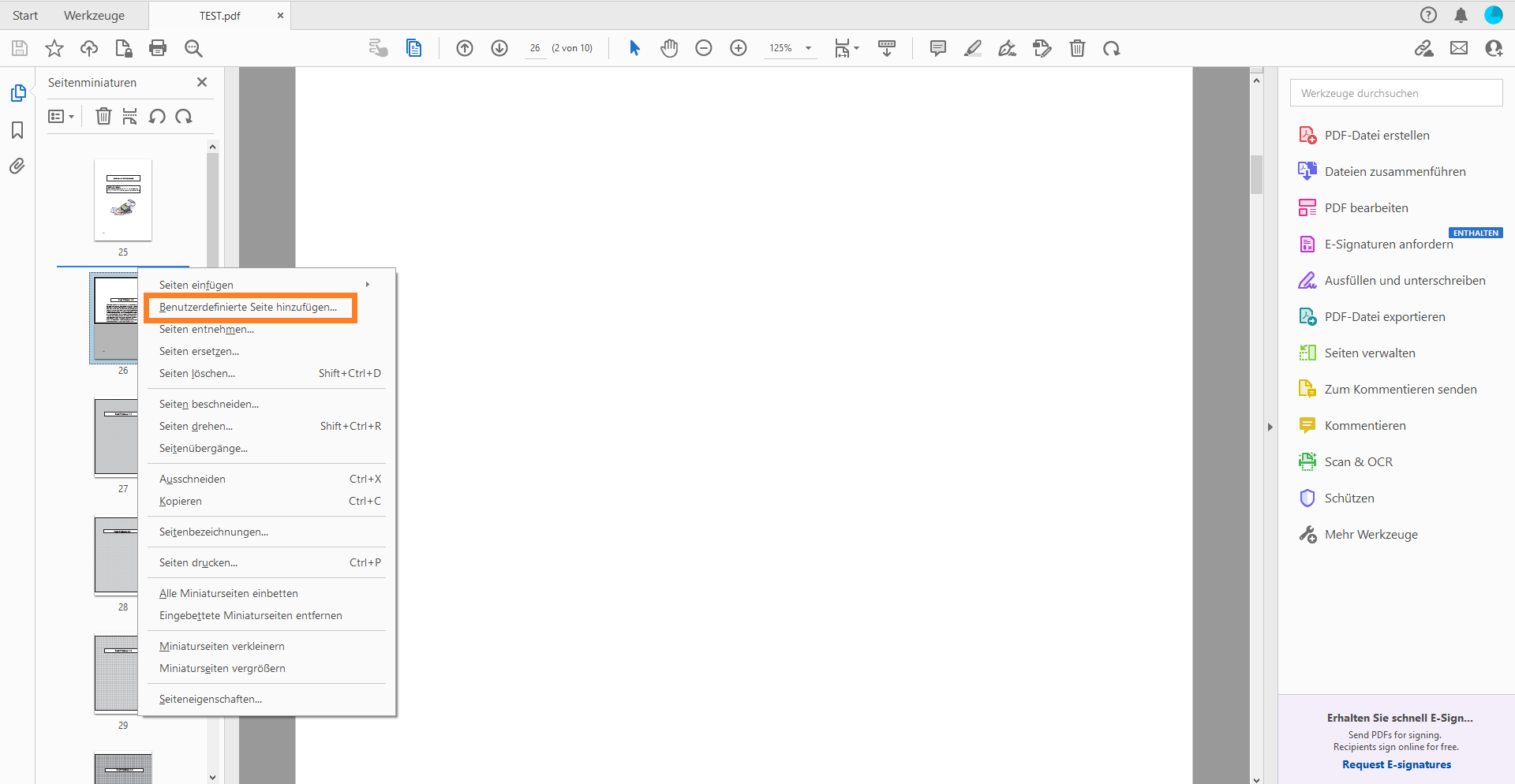 Hinzufügen von benutzerdefinierten Seiten oder Vorlagen zu PDFDateien