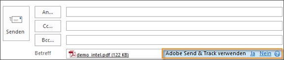 Ja/Nein-Link für Adobe Send & Track im Feld zum Hinzufügen von Anhängen