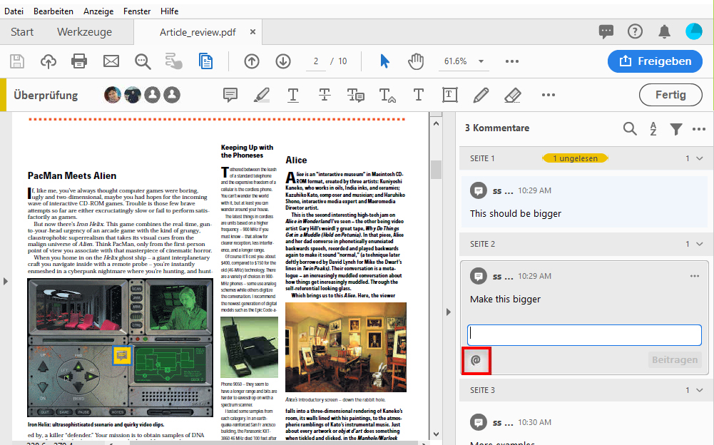 Verwenden Sie in Adobe Acrobat und Acrobat Reader die Werkzeuge unter