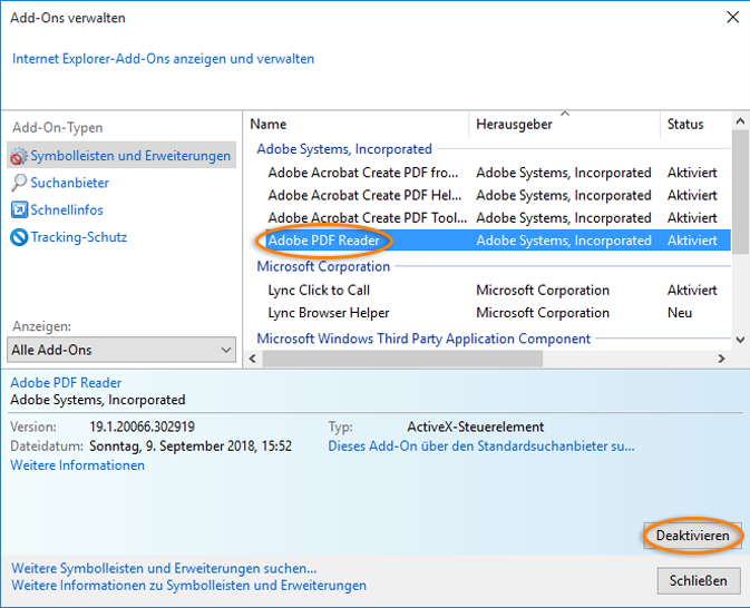 Aktivieren oder Deaktivieren von Adobe PDF Reader