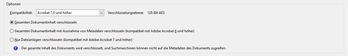 Optionen steuern die Kompatibilität mit früheren Versionen und die Art der Verschlüsselung
