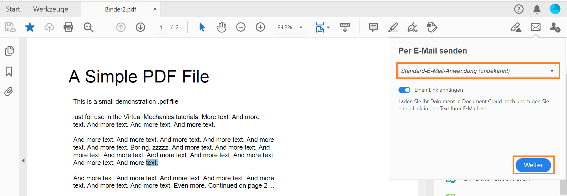 Senden der Datei über den Standard-E-Mail-Client Senden der Datei über den Standard-E-Mail-Client