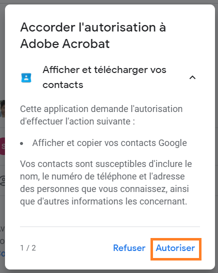 Acrobat-Berechtigungsdialog für den Zugriff auf Gmail-Kontakte Acrobat-Berechtigungsdialog für den Zugriff auf Gmail-Kontakte