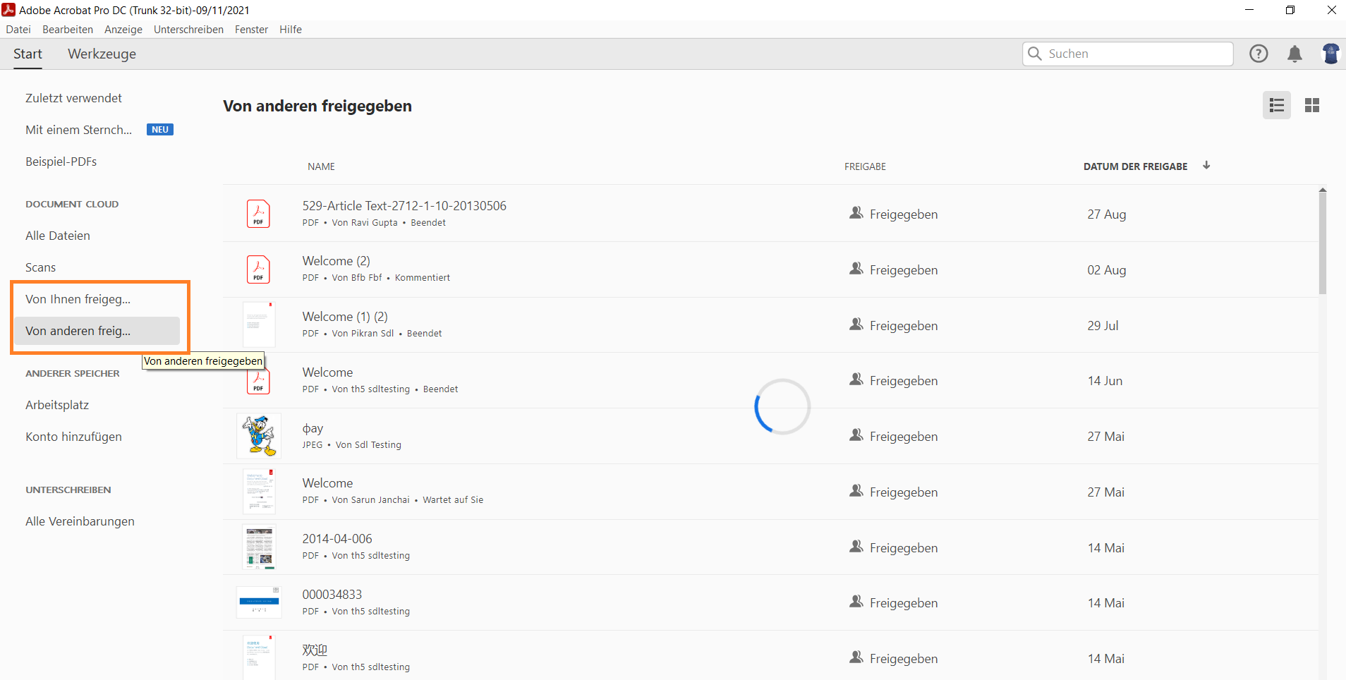 Vorgänge für freigegebene Dateien