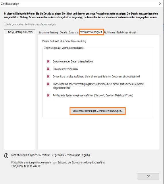 Zu vertrauenswürdigen Identitäten hinzufügen Zu vertrauenswürdigen Identitäten hinzufügen