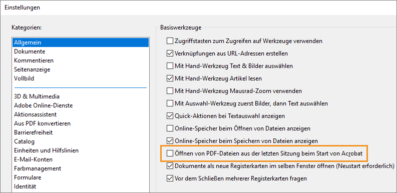 Erneutes Öffnen von PDF-Dateien aus der letzten Sitzung beim Start von Acrobat Acrobat so einstellen, dass PDF-Dateien aus der letzten Sitzung beim Start erneut geöffnet werden