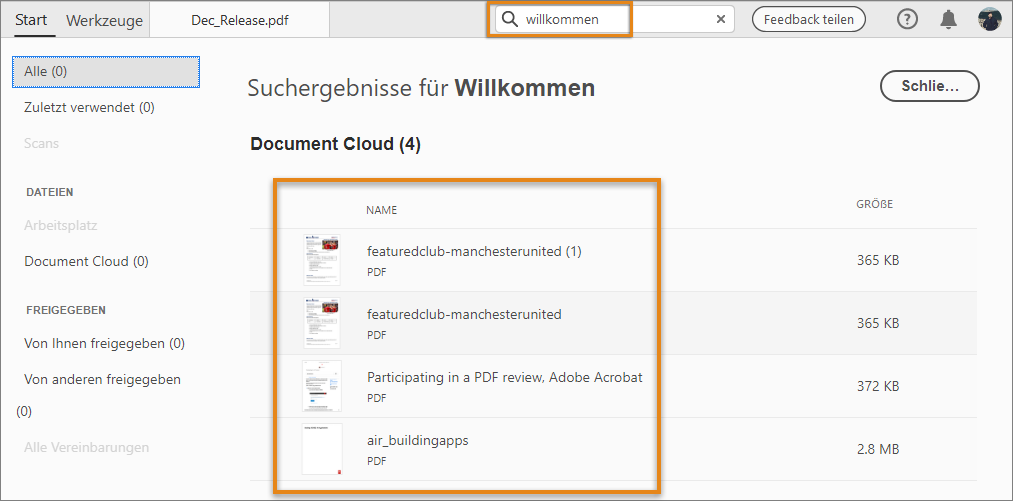 Bei Document Cloud-Dateien umfassen Suchergebnisse Inhalte und Dateinamen Bei Document Cloud-Dateien umfassen Suchergebnisse Inhalte und Dateinamen