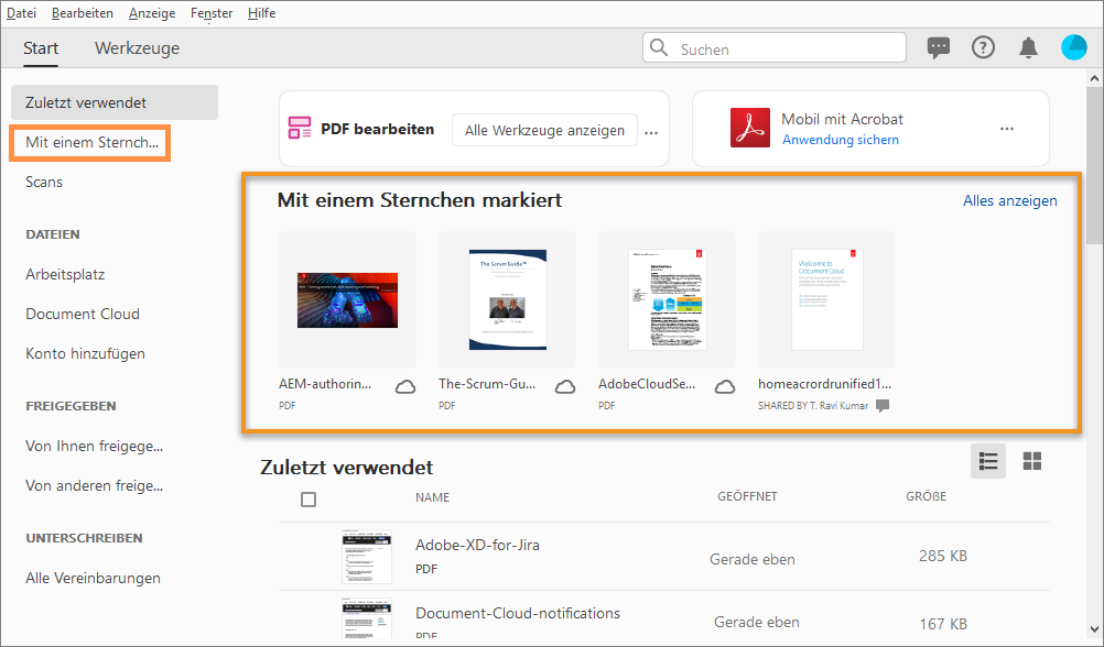 Registerkarte „Mit Sternchen markiert“ in der Startansicht Registerkarte „Mit Sternchen markiert“ in der Startansicht