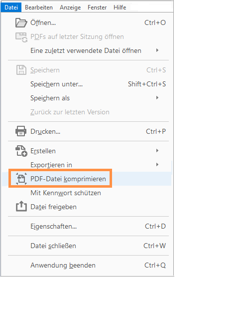 PDF-Datei über das Dateimenü komprimieren PDF-Datei über das Dateimenü komprimieren