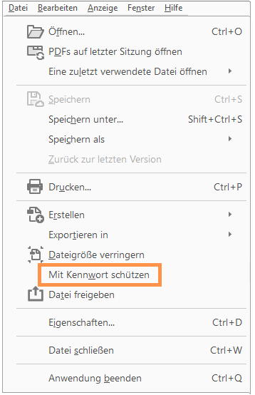 „Mit Kennwort schützen“ im Menü „Datei“ „Mit Kennwort schützen“ im Menü „Datei“
