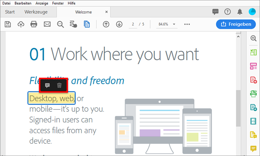 Aktionen für die Markierungsauswahl