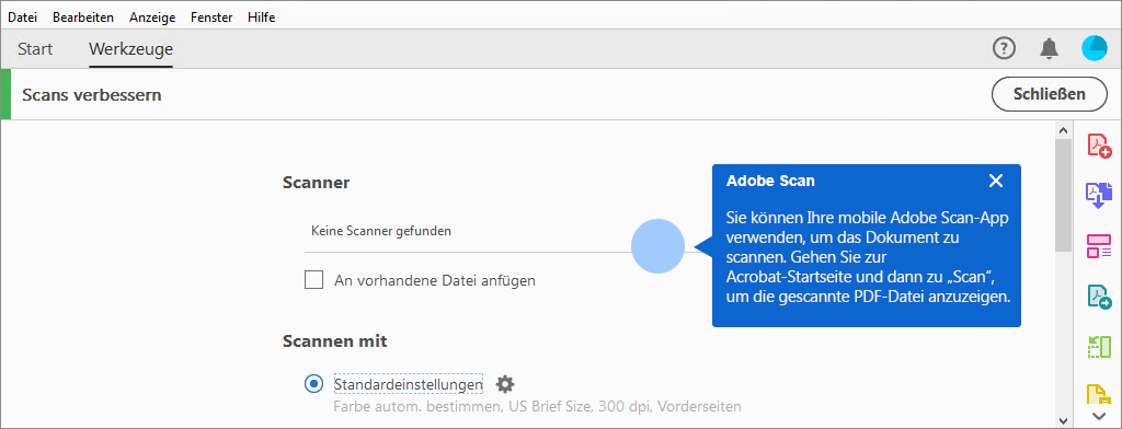 Kontexttipp zum Verwenden der mobilen Adobe Scan-App, wenn keine Scanner gefunden werden